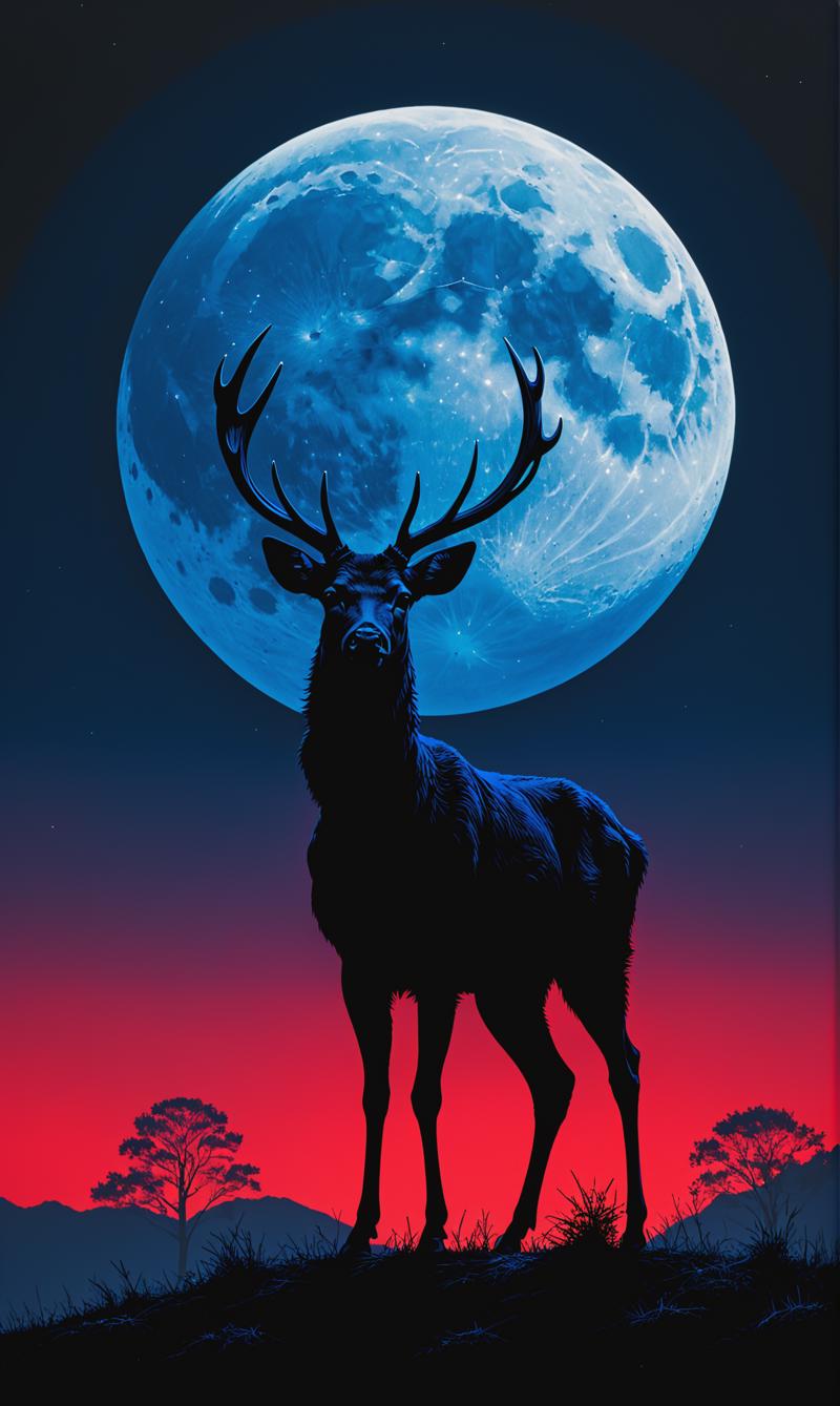 01038-1617504759-Black canvas, black over indigo minimalism, duotone red neon, and indigo colour, a deer standing infront of a indigo over black.png